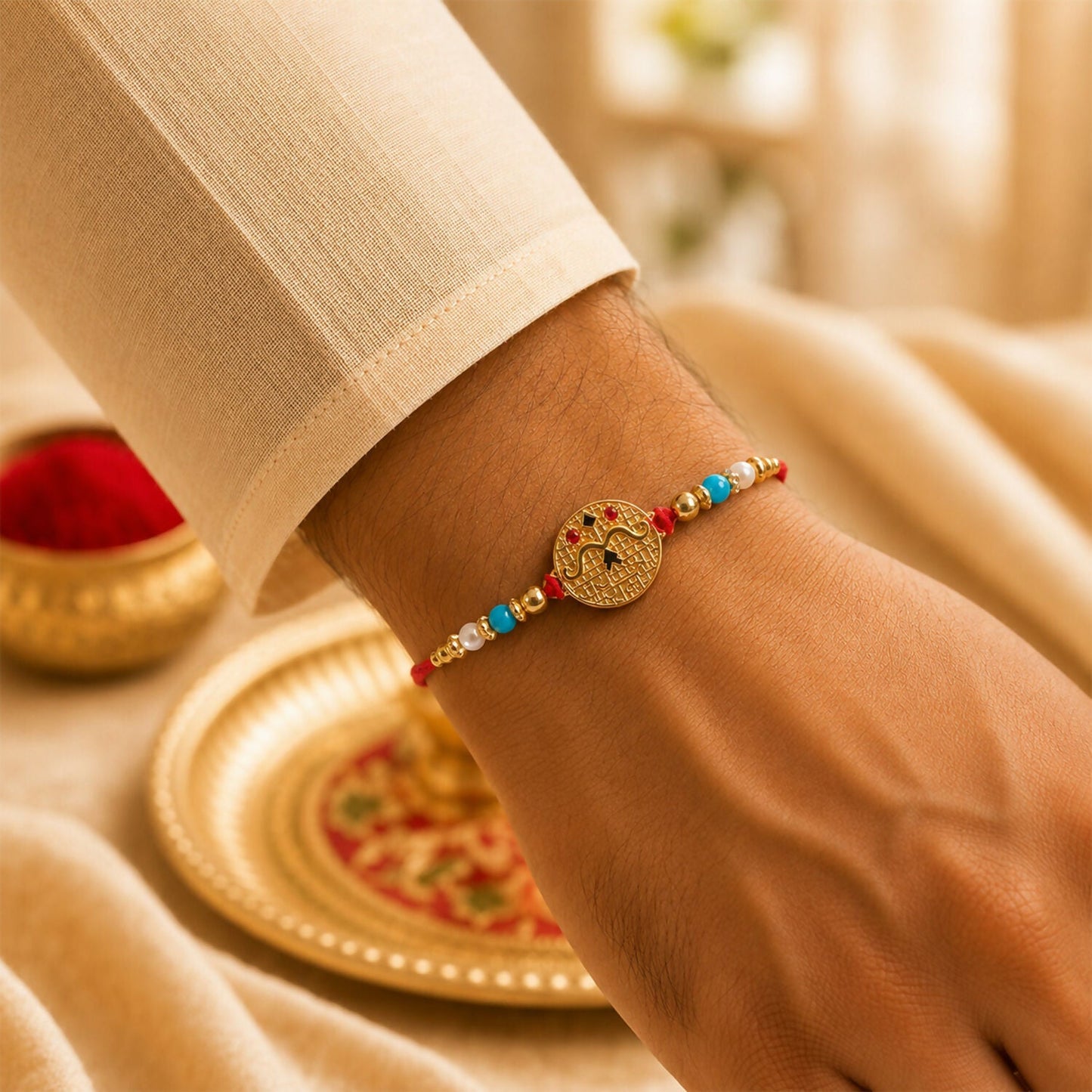 Close-up of Golden Shri Ram Rakhi with blue pearls