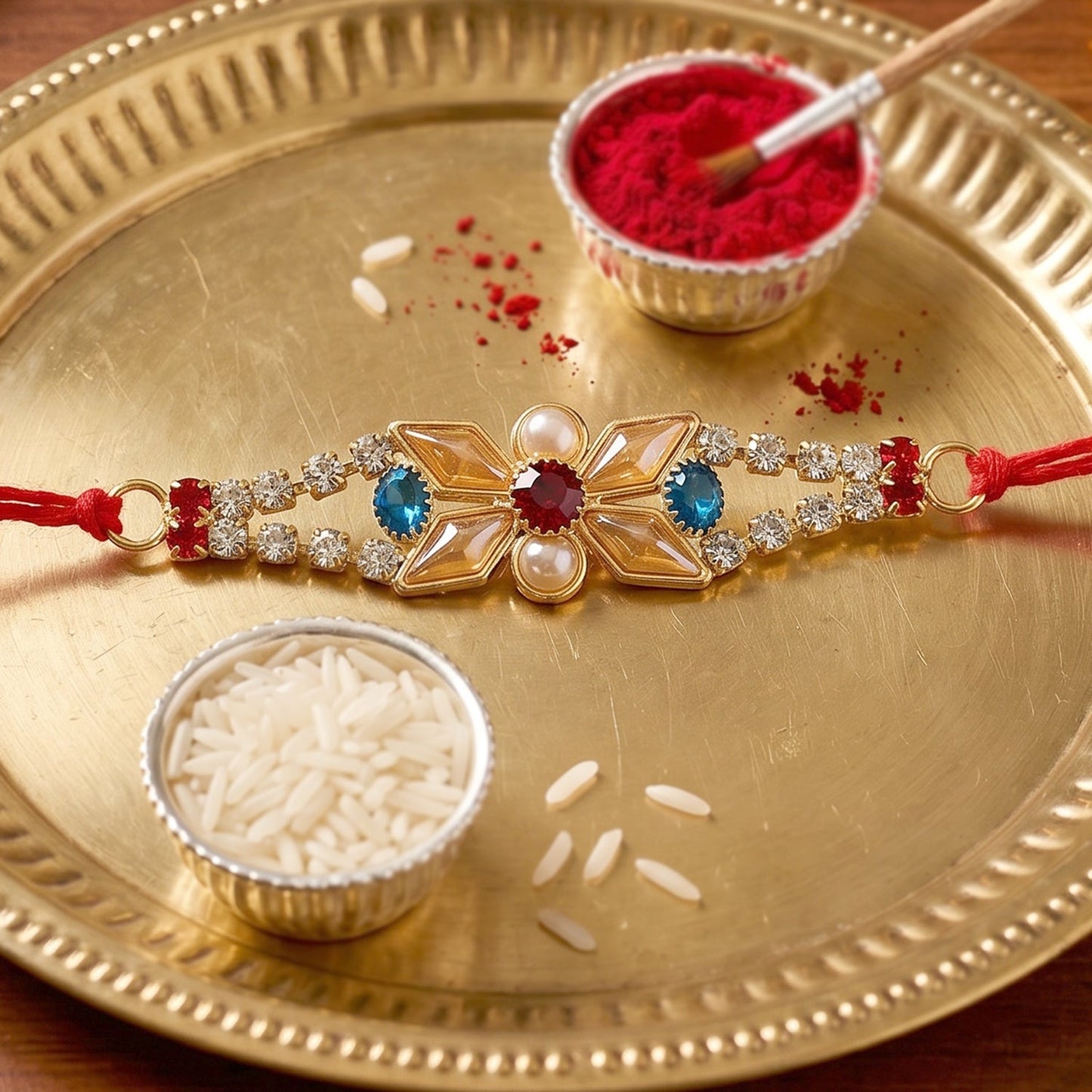 Top view of Pastel Floral Kundan Rakhi showcasing blue stone and pearl