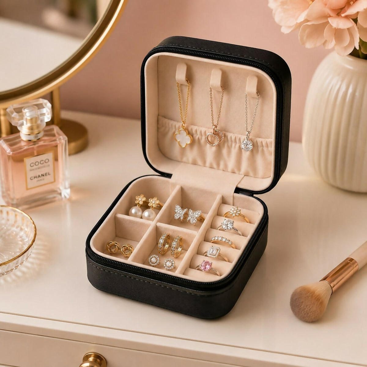 Portable PU Leather Travel Jewelry Organizer for Rings & Earrings