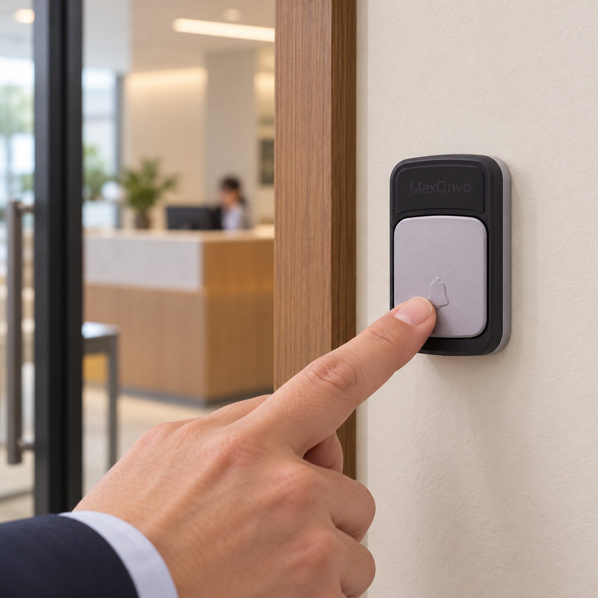 A person in a suit presses the grey button of a black doorbell unit mounted on a light wall next to a wooden door, with an
