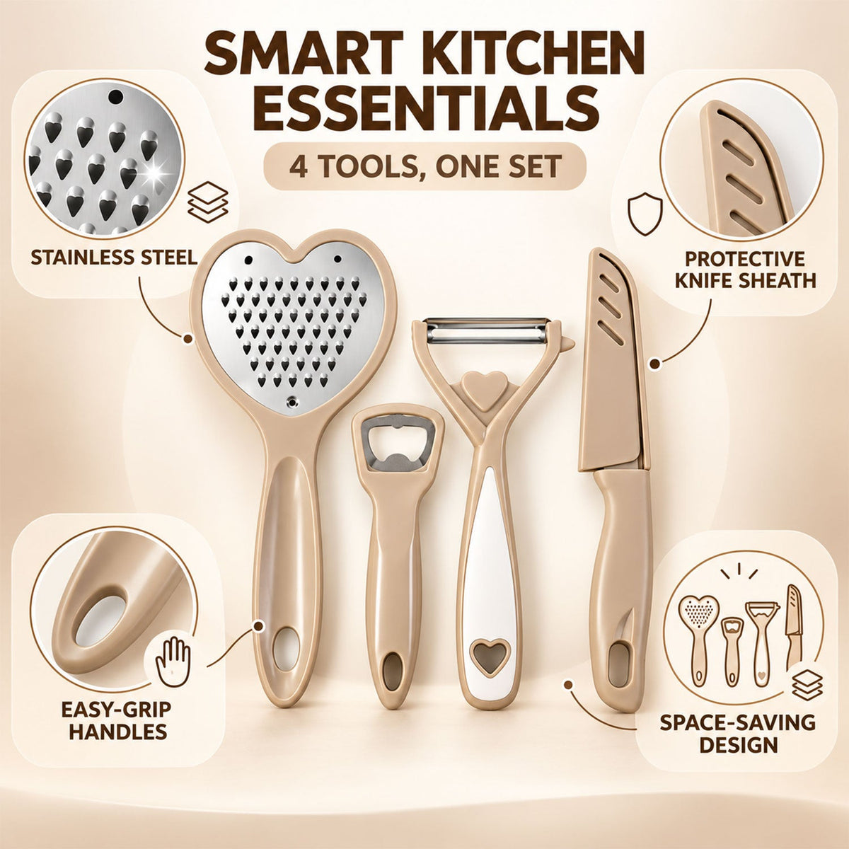Kitchen Tool Set with Grater Peeler Bottle Opener and Covered Knife (4 In 1)