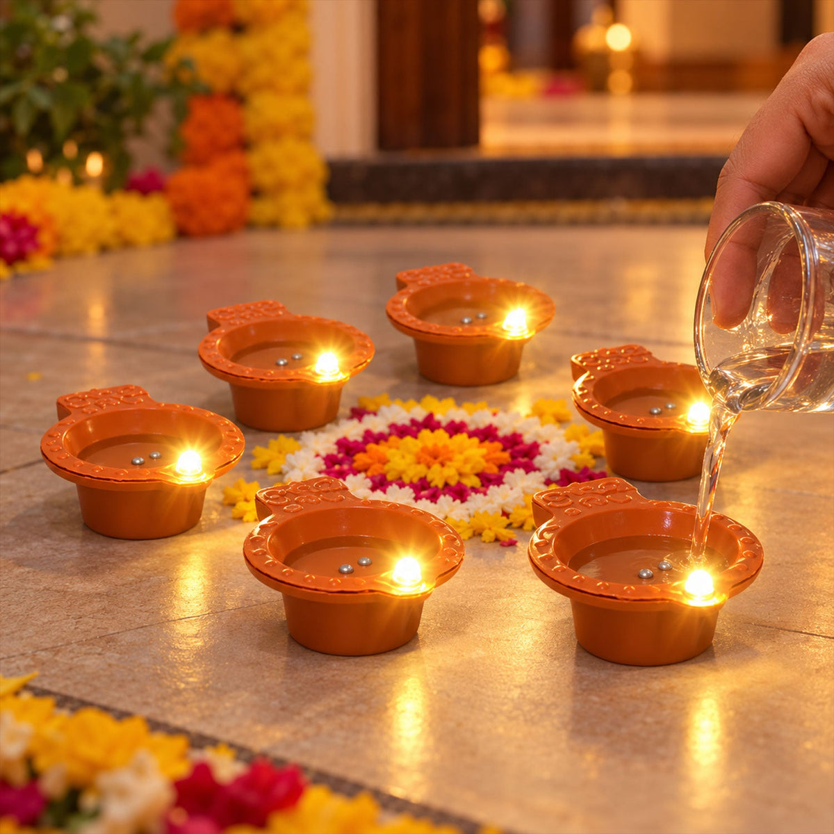 A hand pours water into one of six glowing orange diyas arranged on a floor with a colorful floral design.