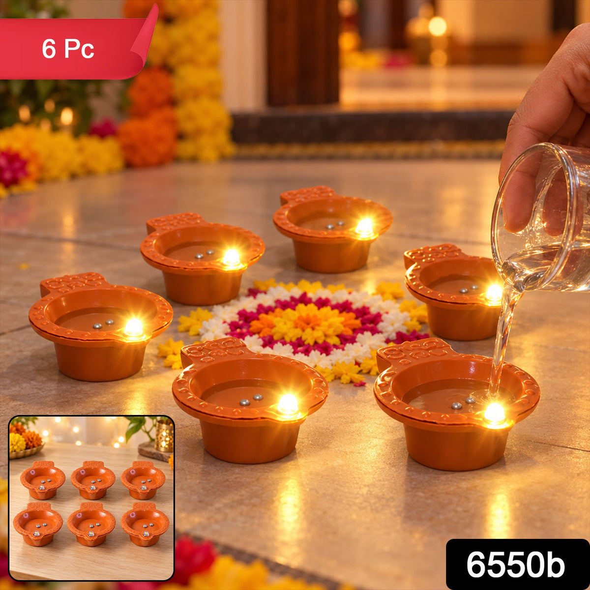 Six orange diyas with glowing LEDs are arranged on a floor, with a small inset showing them unlit.