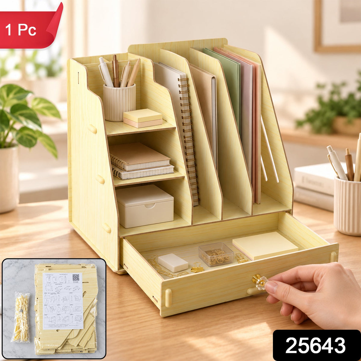 Light wood desk organizer filled with stationery, a hand pulls the drawer, and an inset shows unassembled parts.
