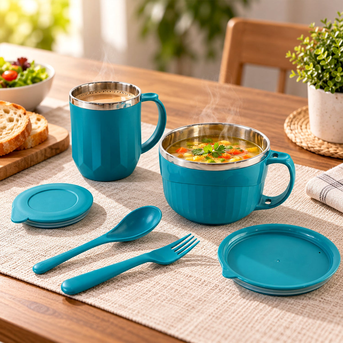 Apex Midnight Gift Set with 400ml Mug, 700ml Soup Bowl, Lids, Spoon and Fork