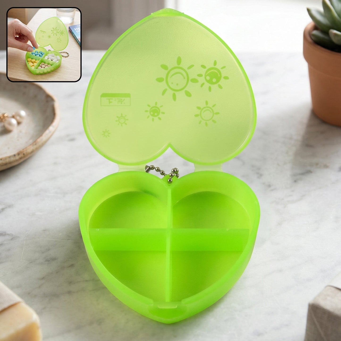 Heart pill box with attached keychain