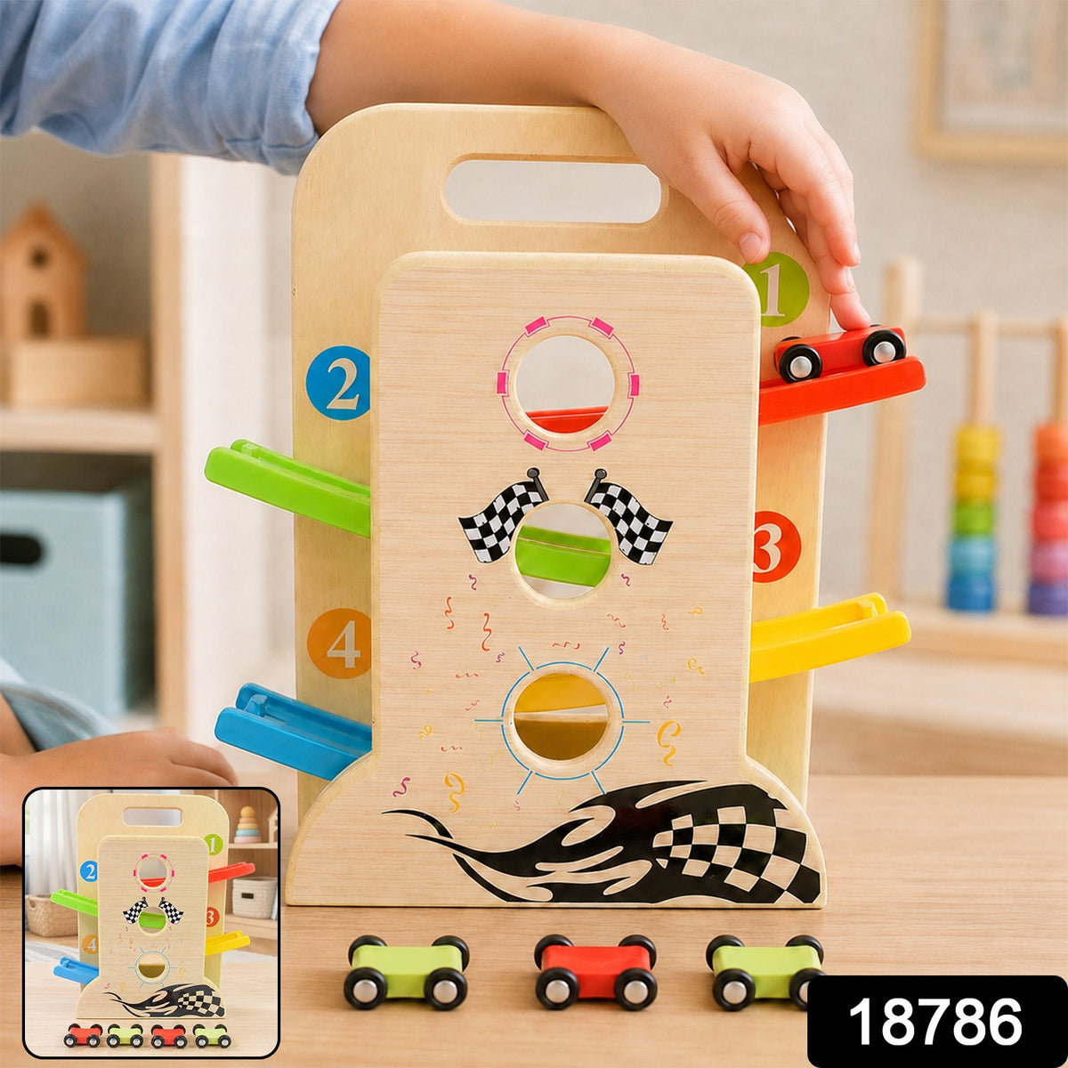 Wooden Ramp Racer Race Track Vehicle Play sets With 4 Mini Racers (with Handle)