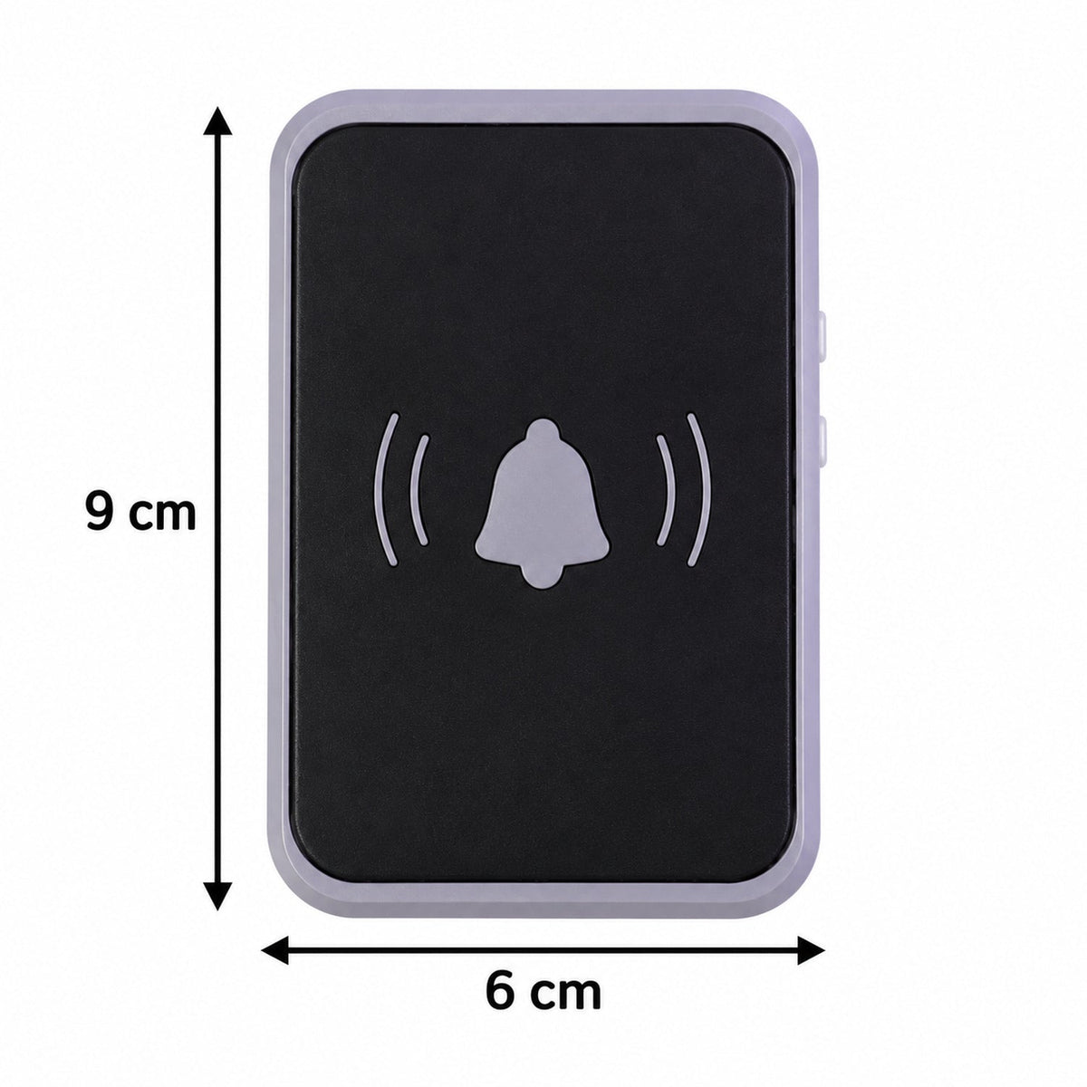 The black and grey doorbell receiver is shown against a white background, with dimensions of 9 cm by 6 cm indicated by