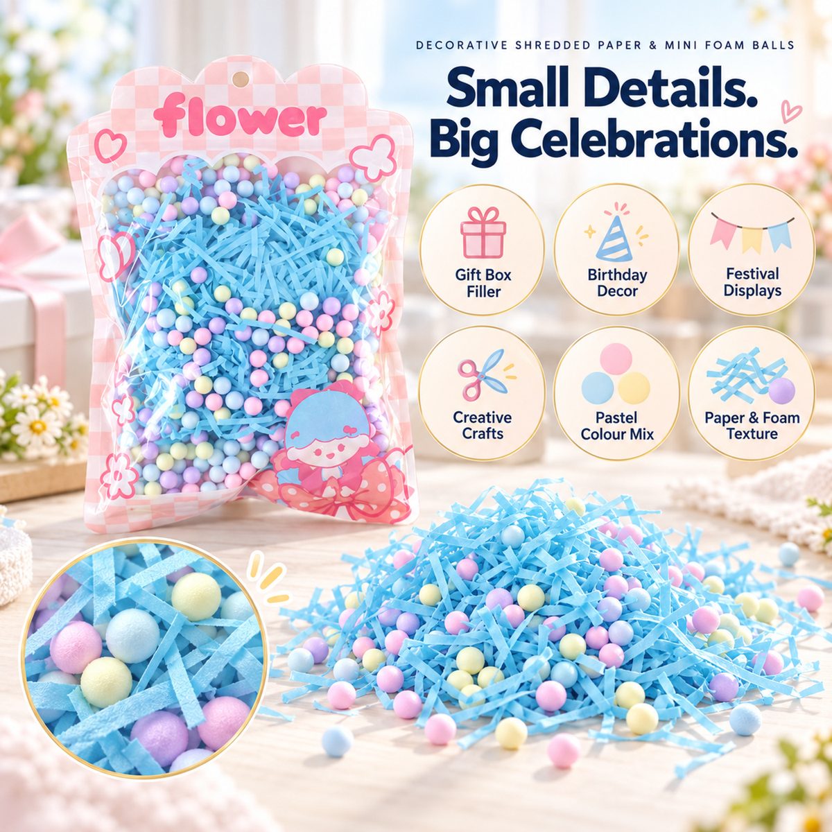 A clear bag of blue shredded paper and pastel foam balls with text highlighting its uses for gifts and crafts.