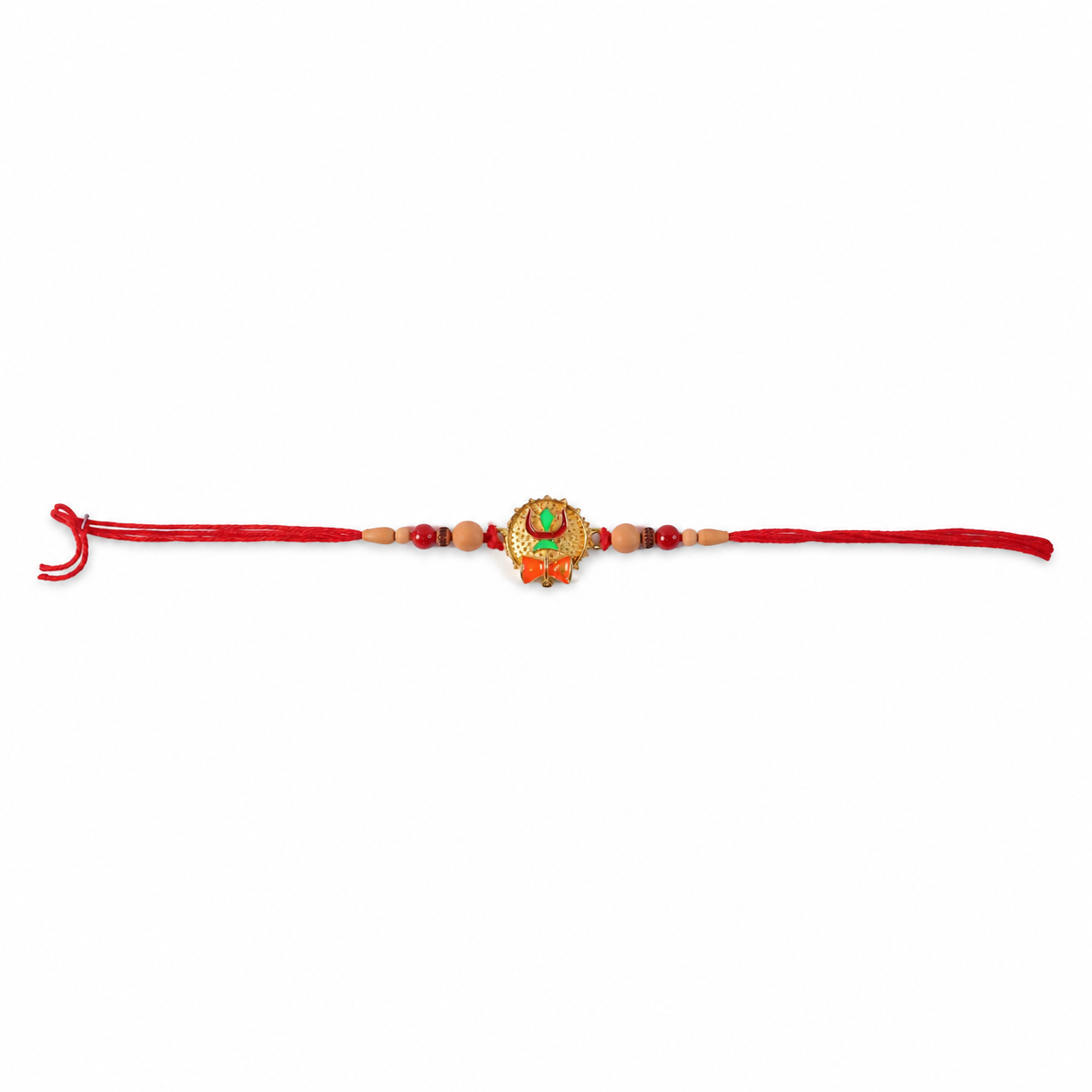 Bright festive rakhi featuring green stone and decorative beads