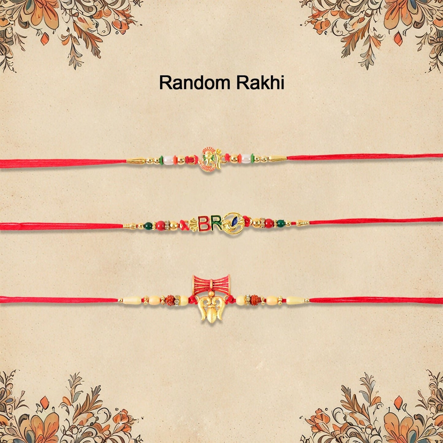 Elegant Gold-Toned Rakhi combo pack of three with diverse festive designs, perfect for Raksha Bandhan celebrations.