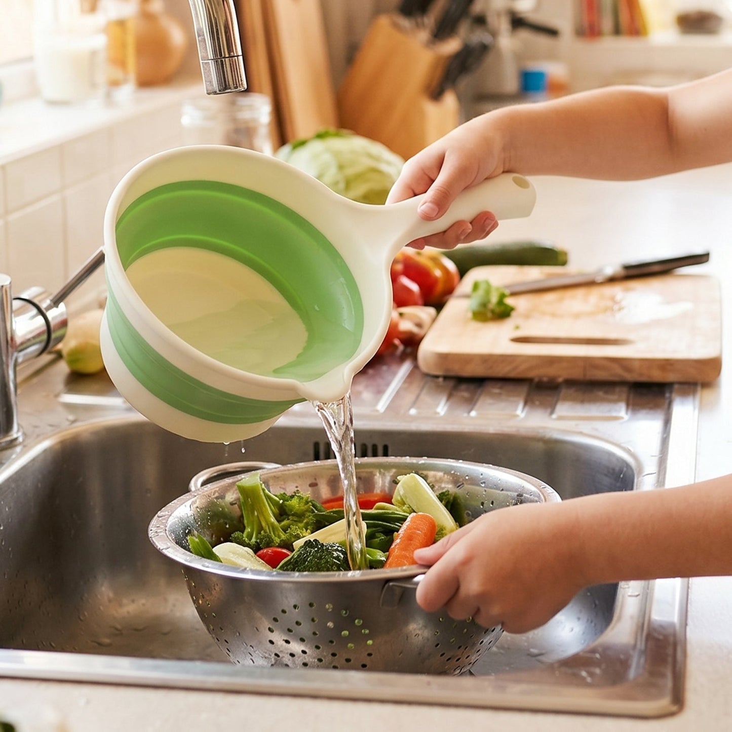 Foldable water scoop use