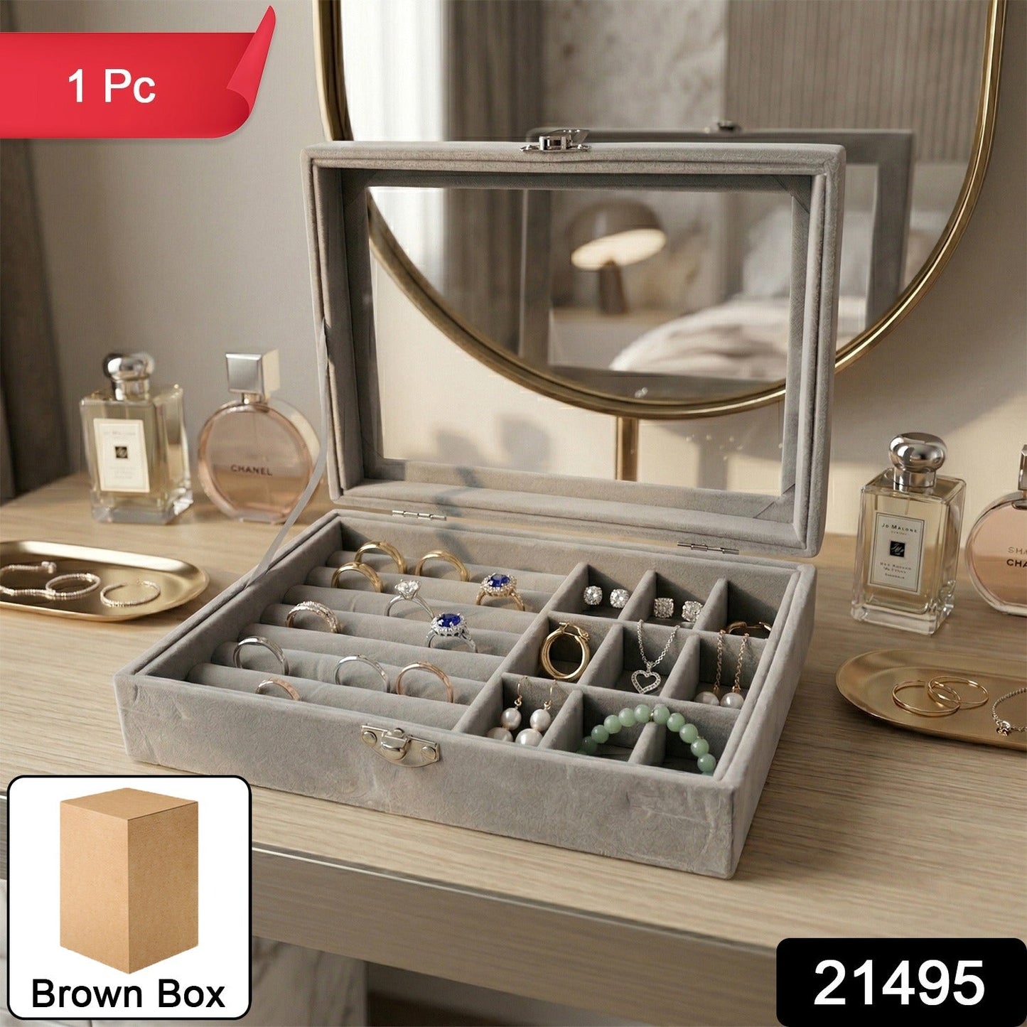 Premium Velvet Jewellery Organizer Box with Transparent Lid