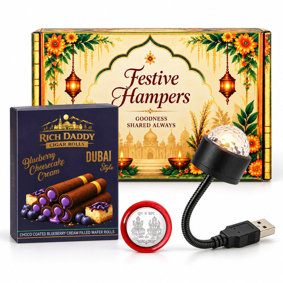 A festive hamper box with a blueberry cream wafer rolls box, a USB galaxy light, and a silver coin on a white surface.