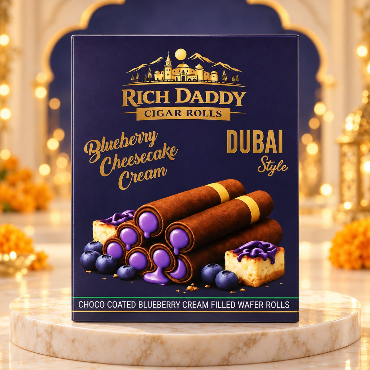 A dark blue box of Rich Daddy Blueberry Cheesecake Cream cigar rolls with an ornate gold border and text.