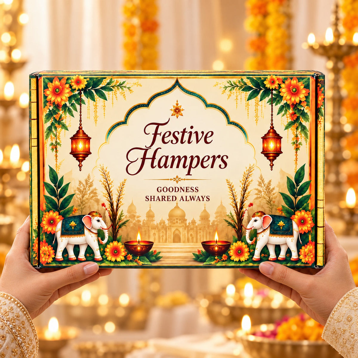 Two hands hold a colorful Festive Hampers gift box with an ornate arch, elephants, lanterns, and flowers.