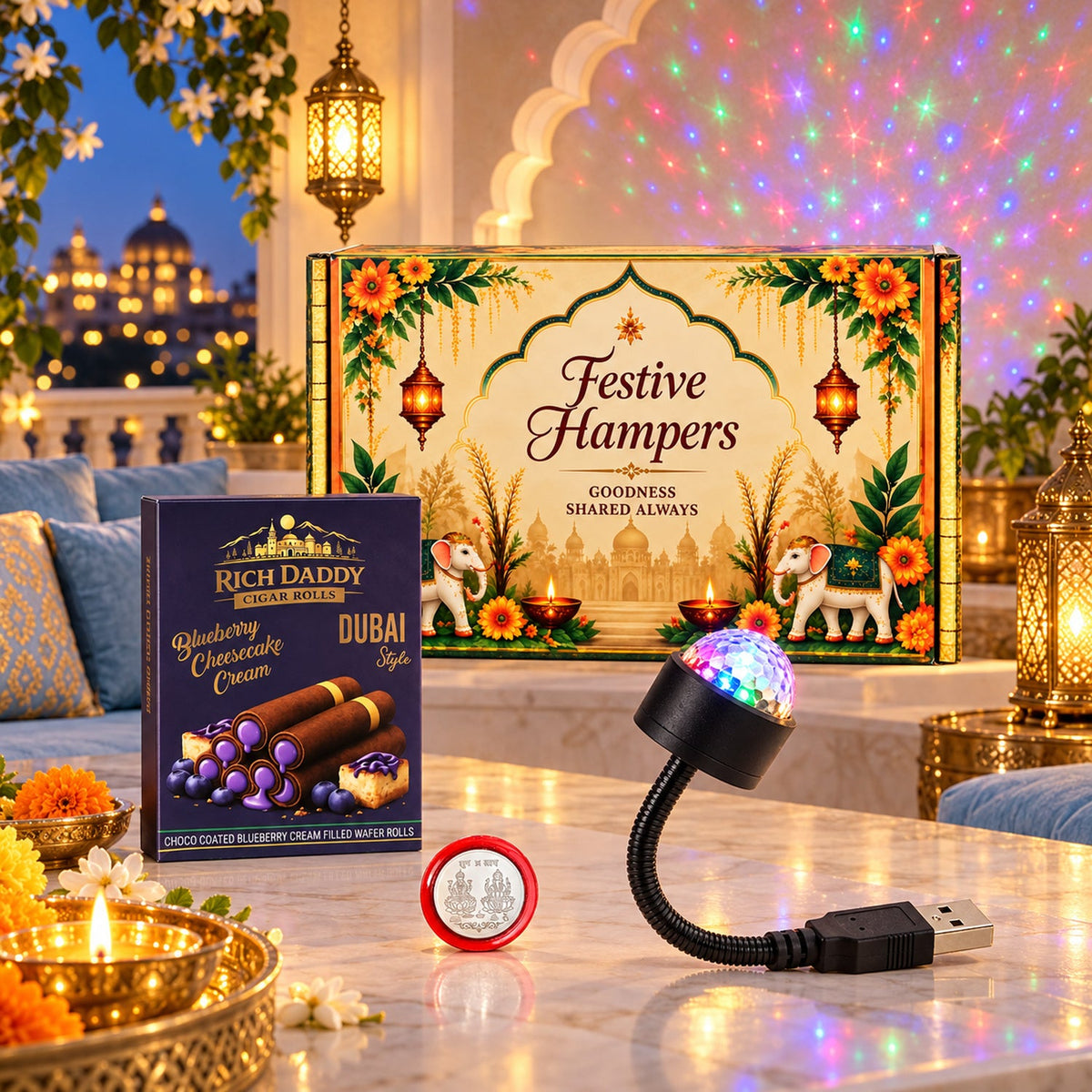 A festive hamper box, blueberry cream wafer rolls, a USB galaxy light, and a silver coin on a table with decor.