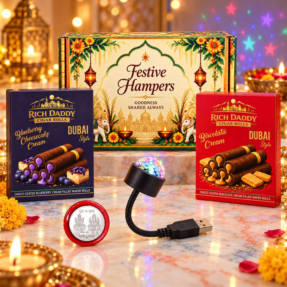 A festive gift box, two snack boxes, a USB star light, and a silver coin are arranged on a marble surface with warm lighting.