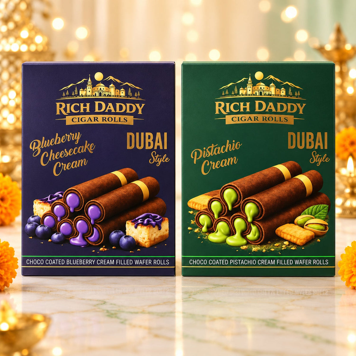 Two boxes of wafer rolls, one blueberry cheesecake and one pistachio cream, on a marble surface.