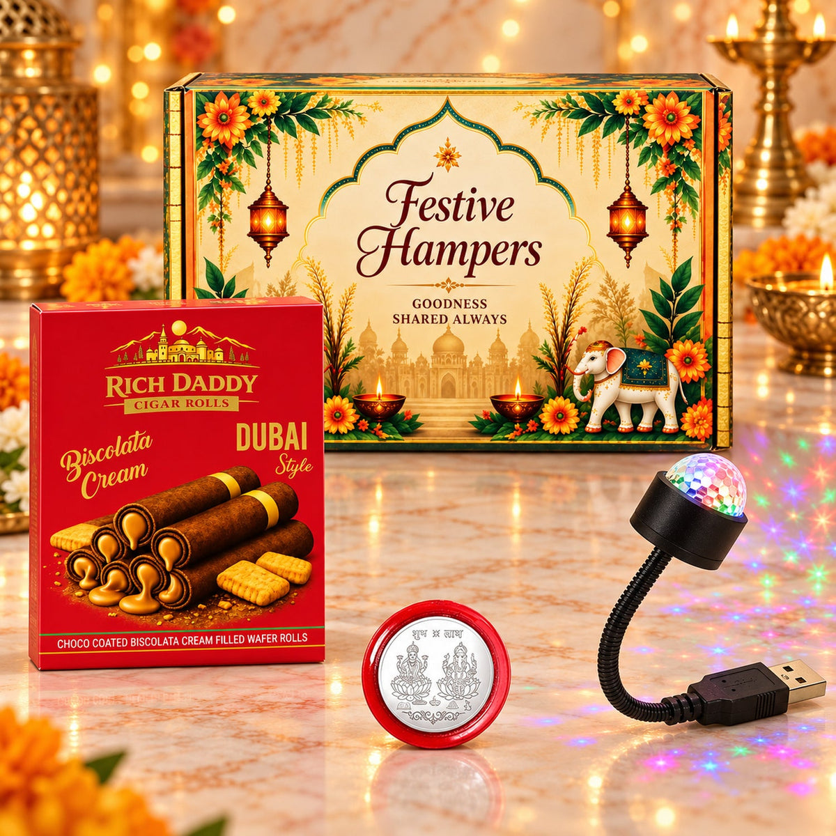 A festive hamper box, Biscolata rolls, a USB star galaxy light, and a silver coin are arranged on a marble surface with