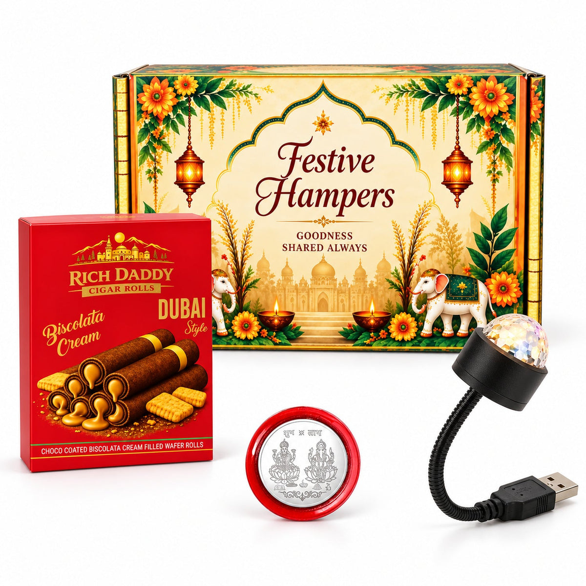 A festive hamper box, a red box of Biscolata rolls, a USB star galaxy light, and a silver coin are displayed on a white