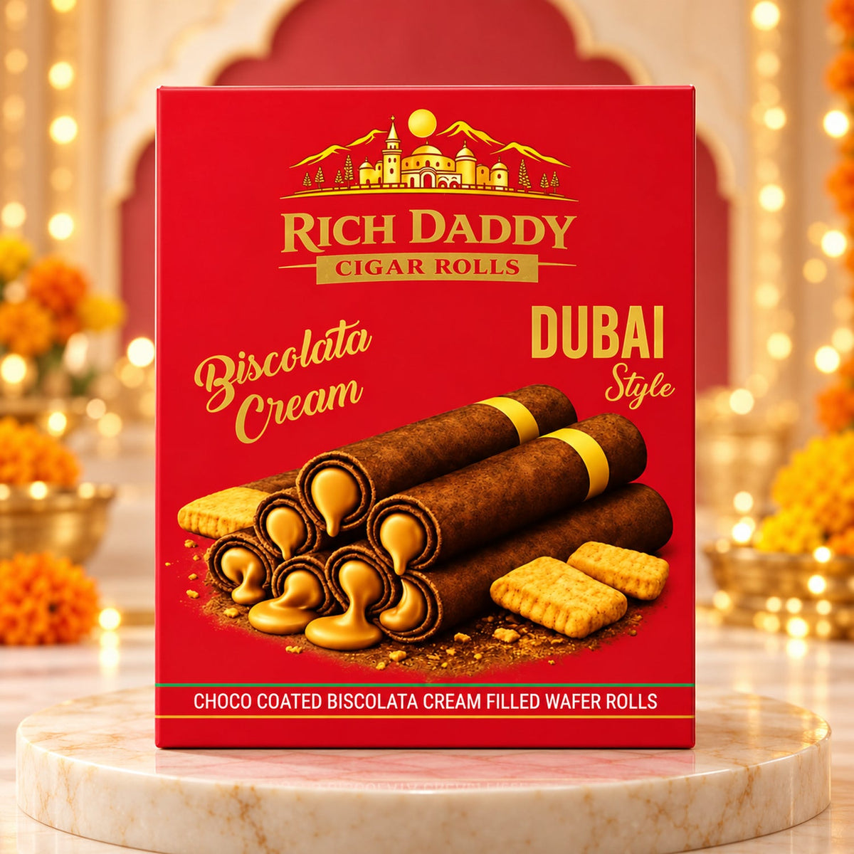 A red box of Rich Daddy Biscolata Cream Cigar Rolls shows chocolate-coated wafer rolls and plain wafers on a marble surface.