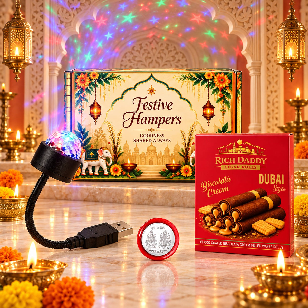 A festive hamper box, a red box of Biscolata rolls, a USB star galaxy light, and a silver coin are arranged on a marble