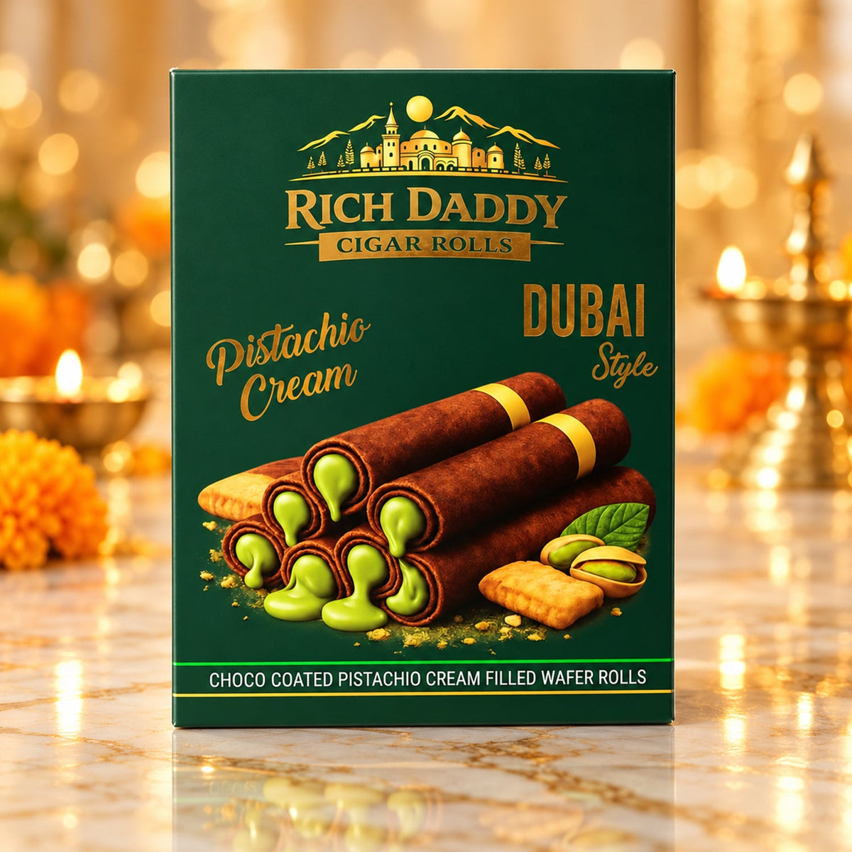 A green box of Rich Daddy Pistachio Cream Cigar Rolls stands upright, displaying the product illustration.