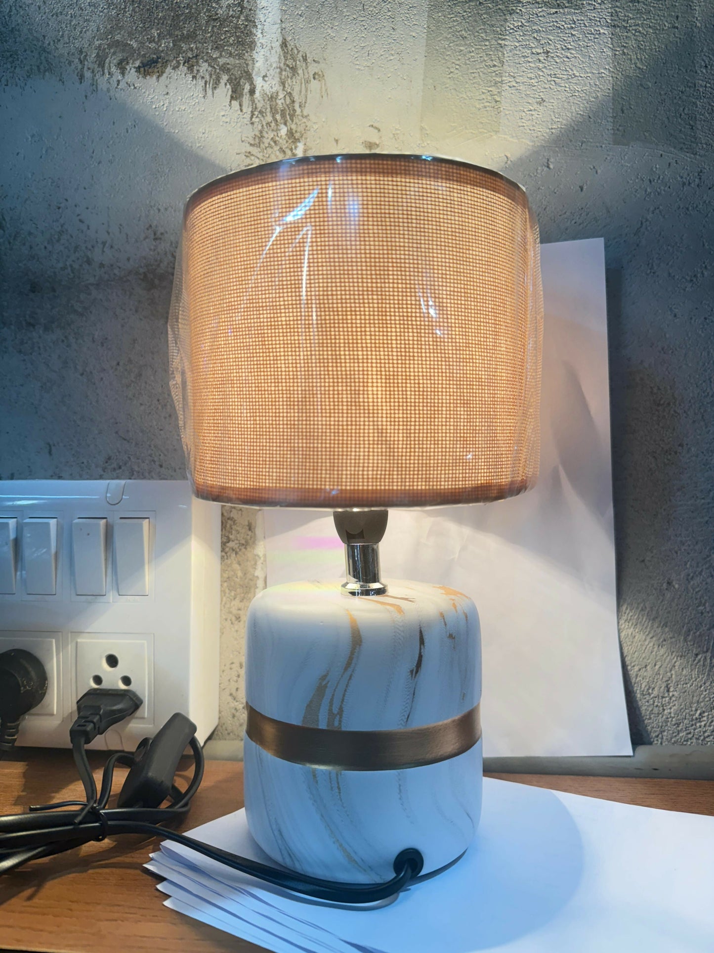 Luxury Marble Base Table Lamp with Warm Fabric Shade Decorative Bedside Room