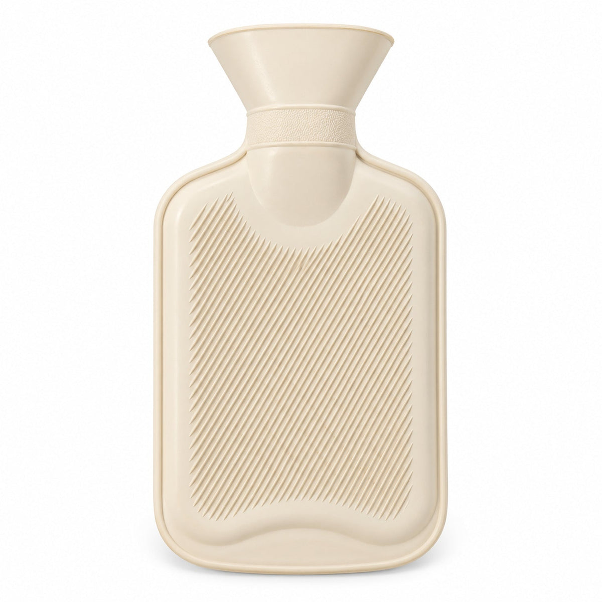 A cream hot water bottle with a ribbed texture on its surface stands upright against a white background.