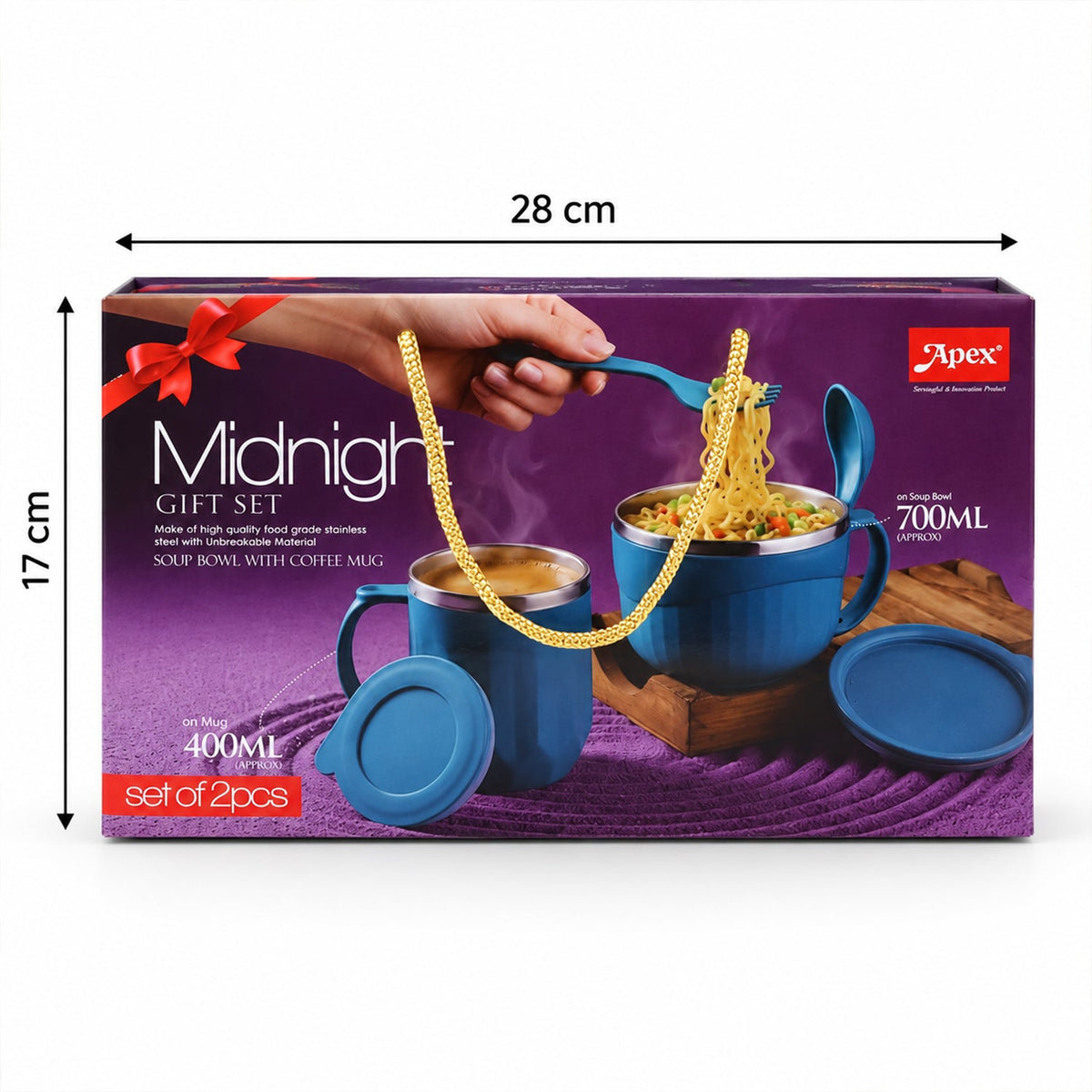 Apex Midnight Gift Set with 400ml Mug, 700ml Soup Bowl, Lids, Spoon and Fork