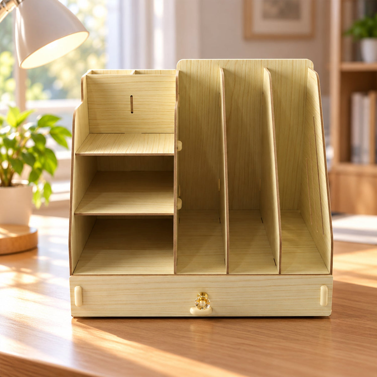 Empty light wood desk organizer with multiple compartments and a single pull-out drawer.