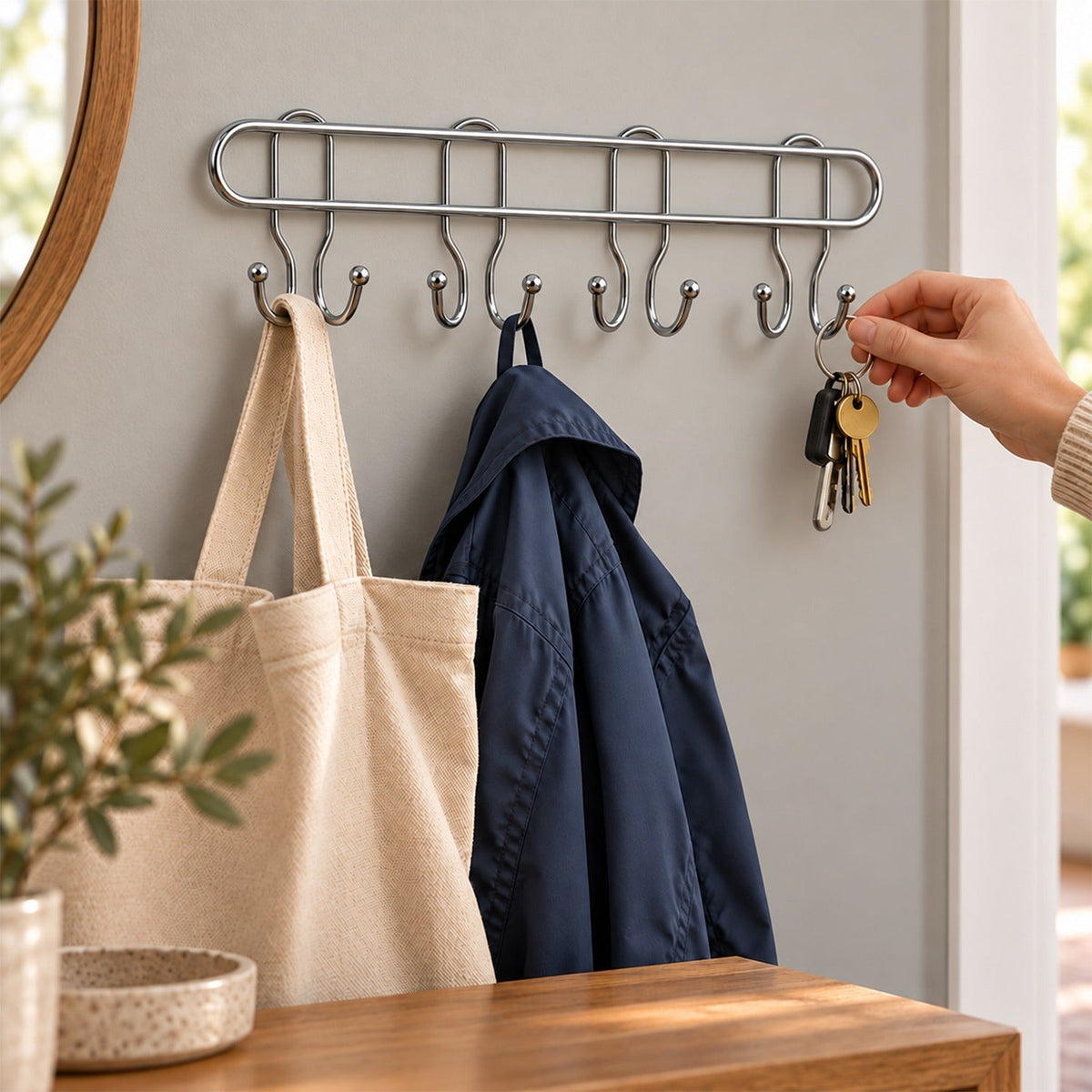 Long Stainless Steel Multi Hook Rack for Home Wall, Clothes and Bags (1 Pc)
