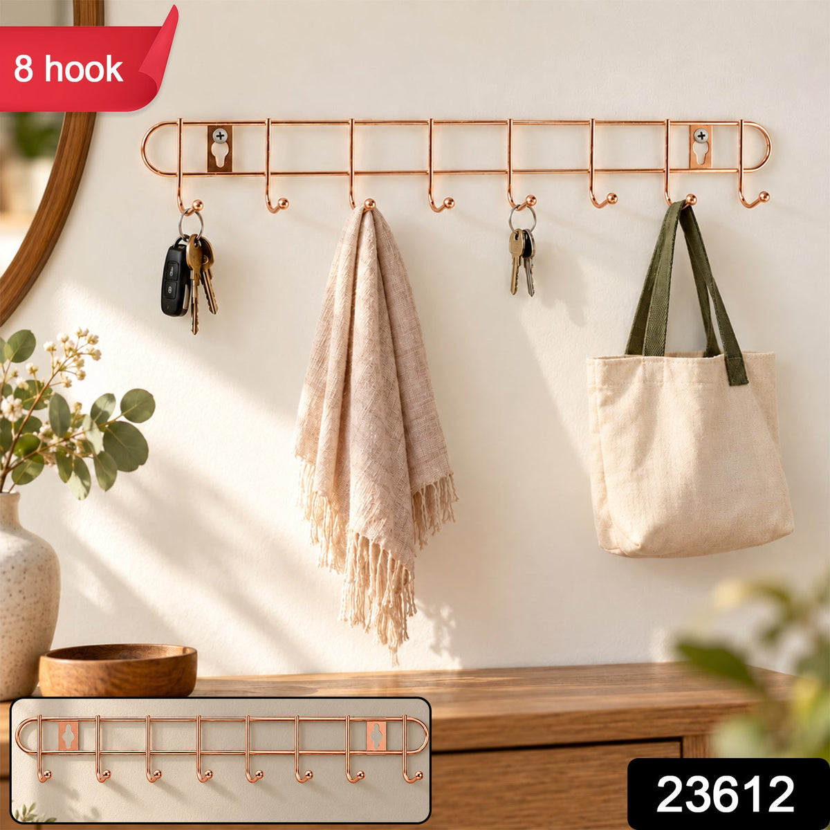 Rose Gold Steel Wall Hanger Rack for Keys, Towels and Bag Storage (8 Hooks)