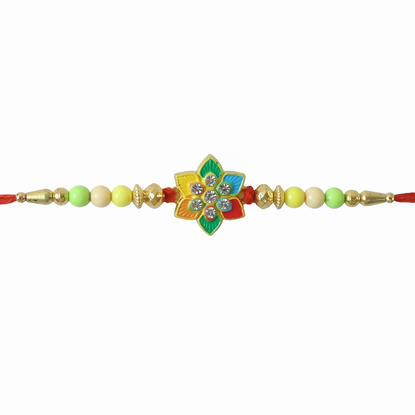 Soft-thread multicolor Rakhi with floral star centerpiece