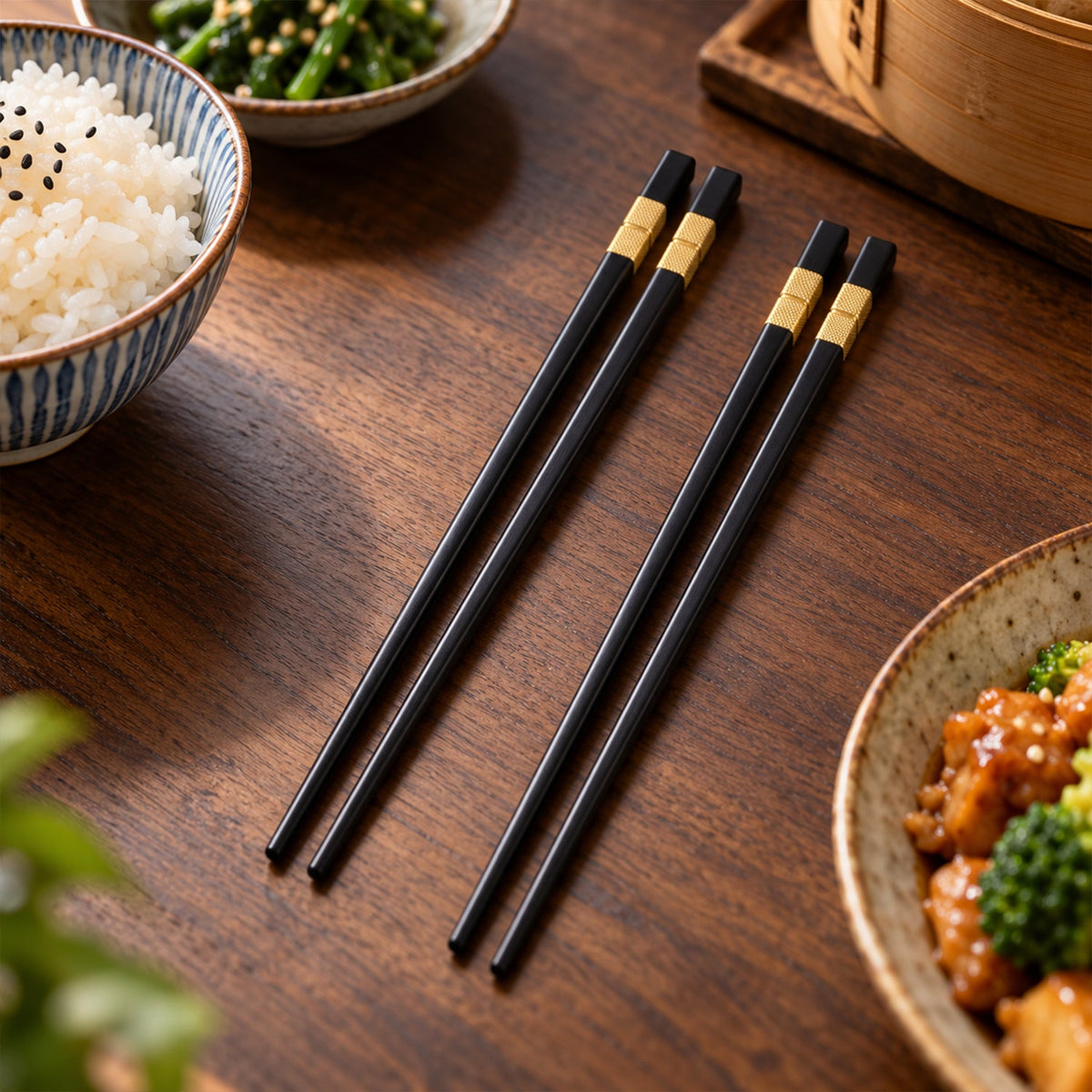 Chopsticks with Gold Tone Bands for Noodles Sushi and Everyday Dining (2 Pair)
