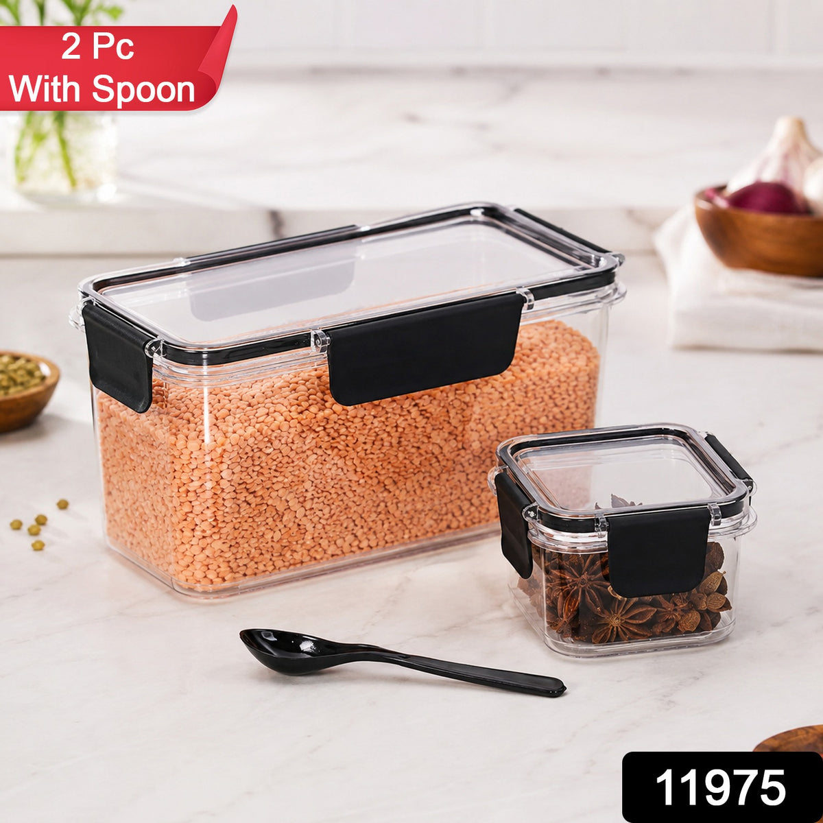 Plastic Kitchen Storage Container Big 800 ML & Small 250 ML with Air Seal Lock Lid & Spoon