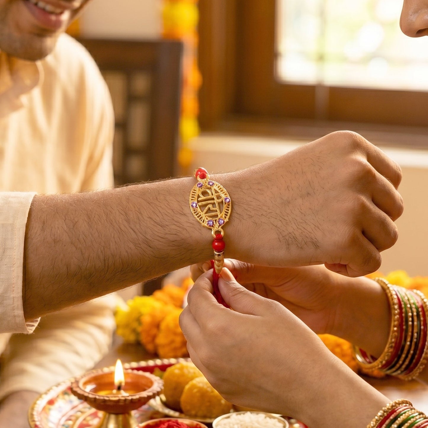 Detailed finishing of Rakhi with red beads and golden embellishments