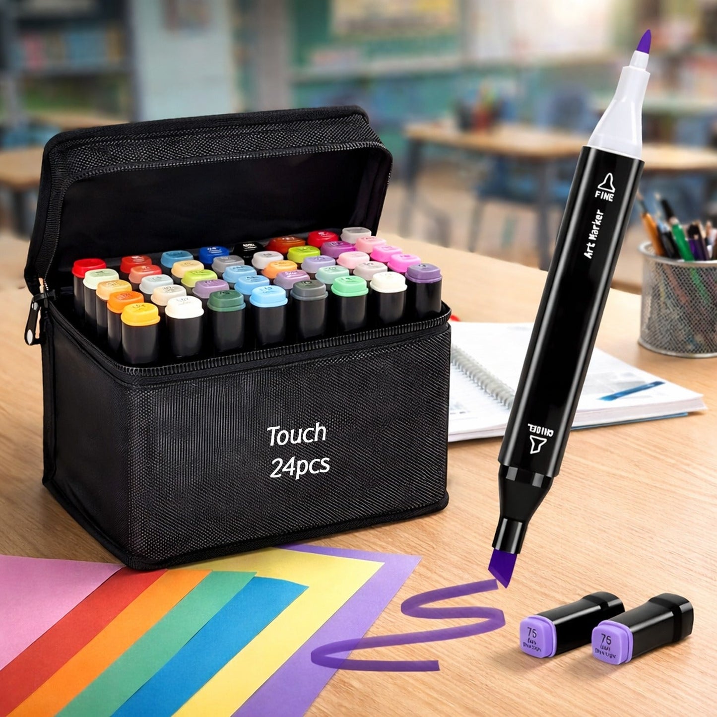 24 Pc Dual Tip Sketch Marker Pen Set With Storage Pouch