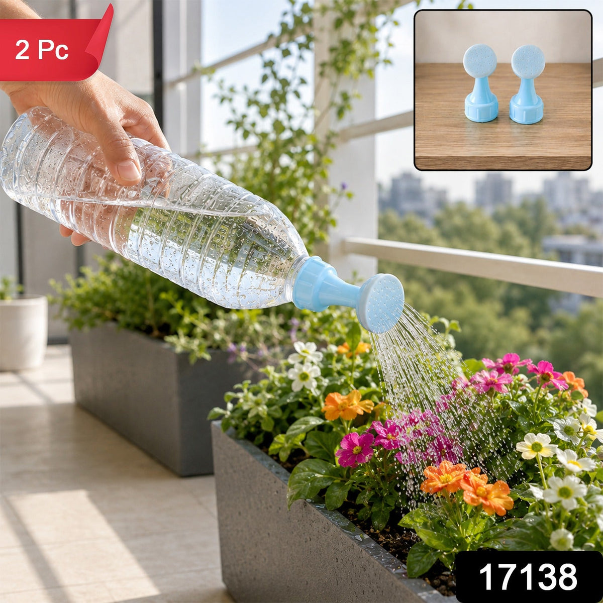 A hand holds a plastic bottle with a light blue sprinkler nozzle, watering colorful flowers in a planter on a balcony.