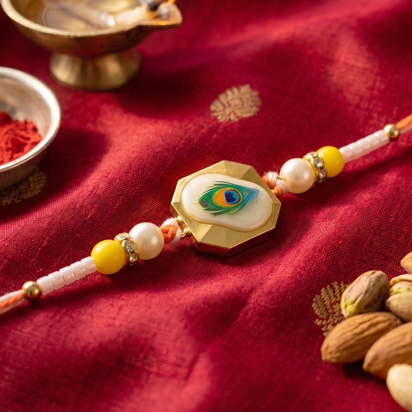 Traditional Rakhi with soft thread and stylish peacock feather motif