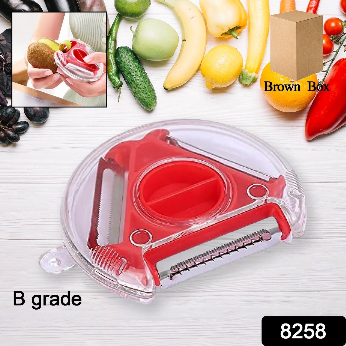 8258Â 3 in 1 Multi Function Three Use Rotary Hanging Round Planer Peeler and Cutter Vegetable Slicer Kitchen Tools Kitchen Gadgets (B Grade)