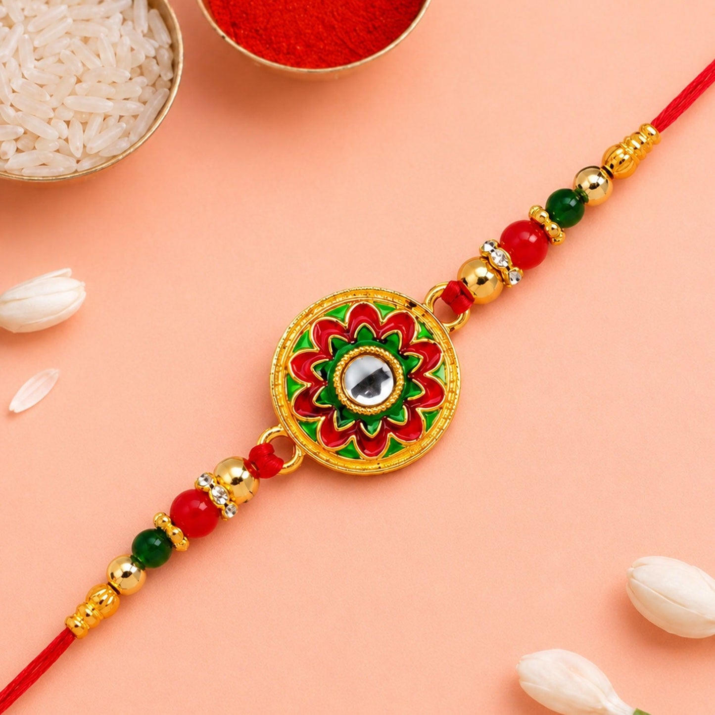 Colorful flower rakhi with vibrant enamel and beads