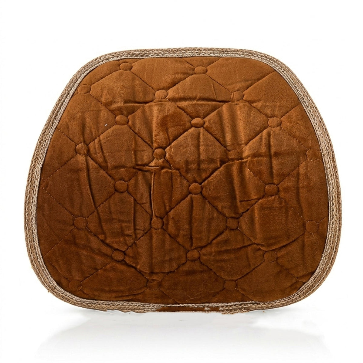 Brown quilted velvet cushion with a braided edge, viewed from a slightly elevated angle.