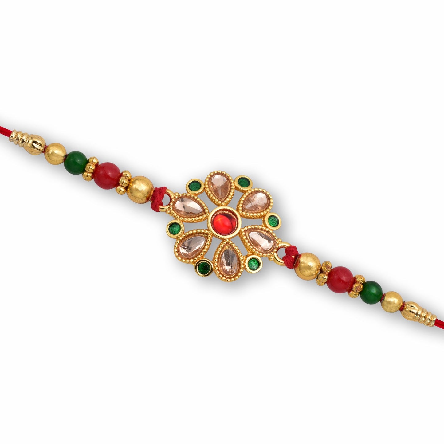 Side view of the elegant floral golden rakhi, highlighting its comfortable thread and traditional appeal.