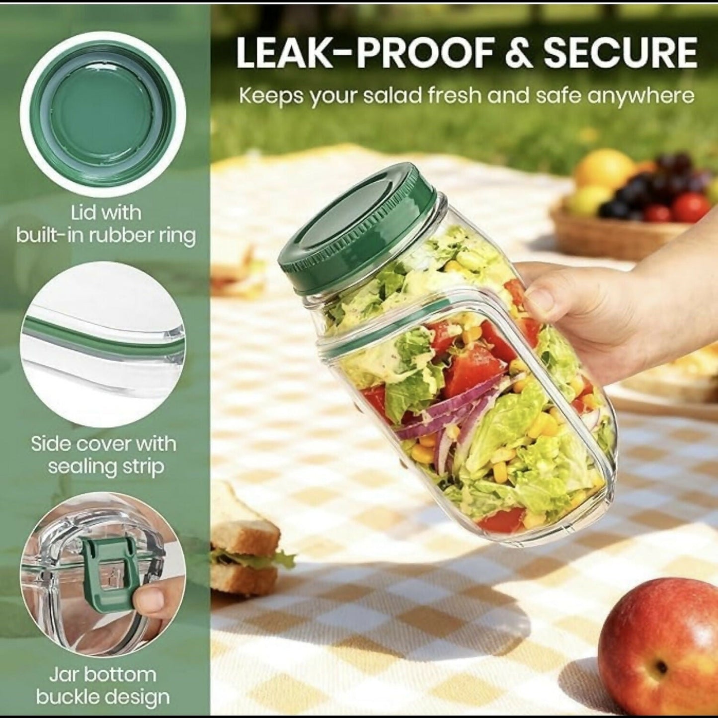DeoDap Leakproof Salad Container Jar with Dressing Cup - specs detail shot