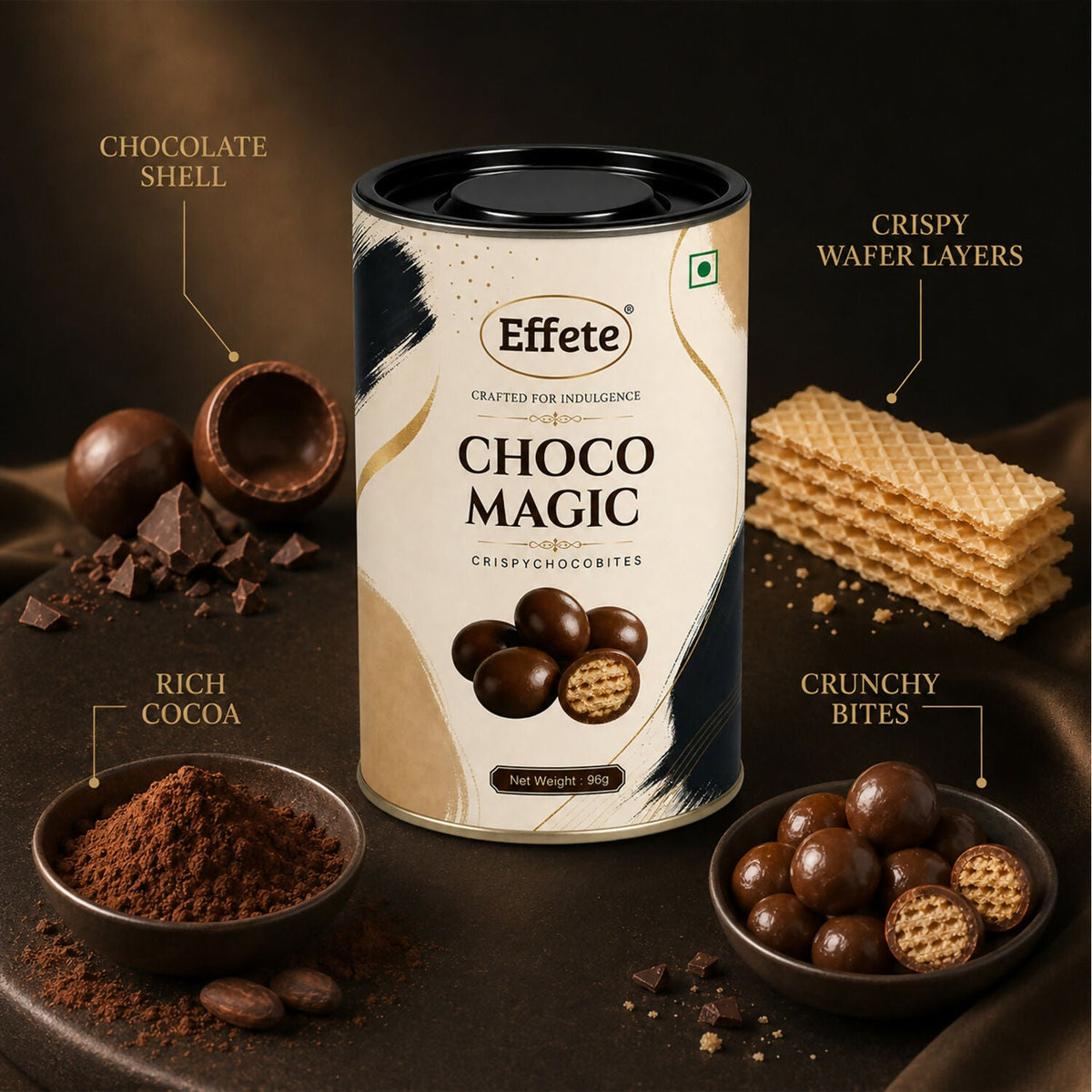 An Effete Choco Magic tin with ingredients like chocolate shell, wafer layers, and cocoa powder arranged around it.