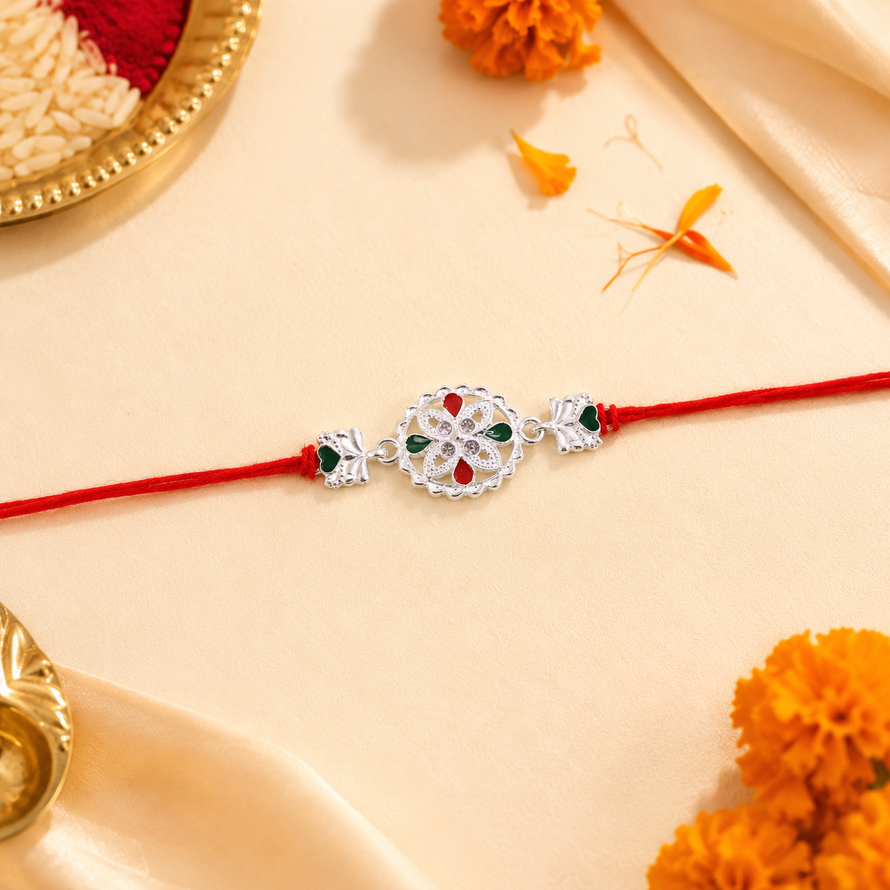 White silver floral rakhi with red stone center and side charms
