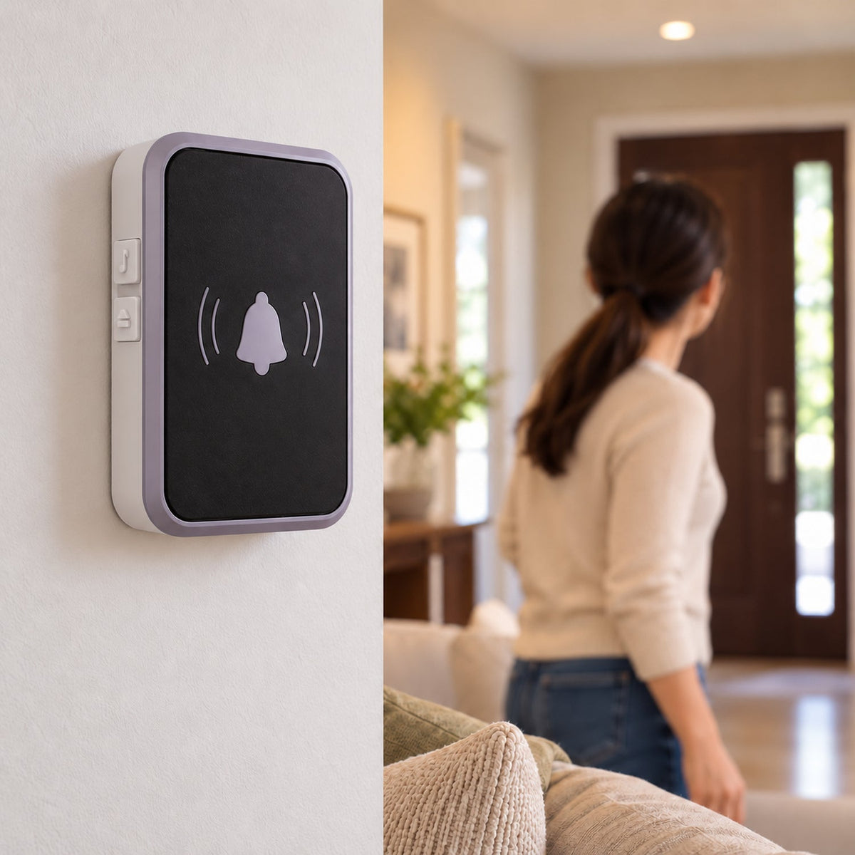 The black and grey doorbell receiver is mounted on a white wall, with a bell icon and sound waves visible on its screen. A