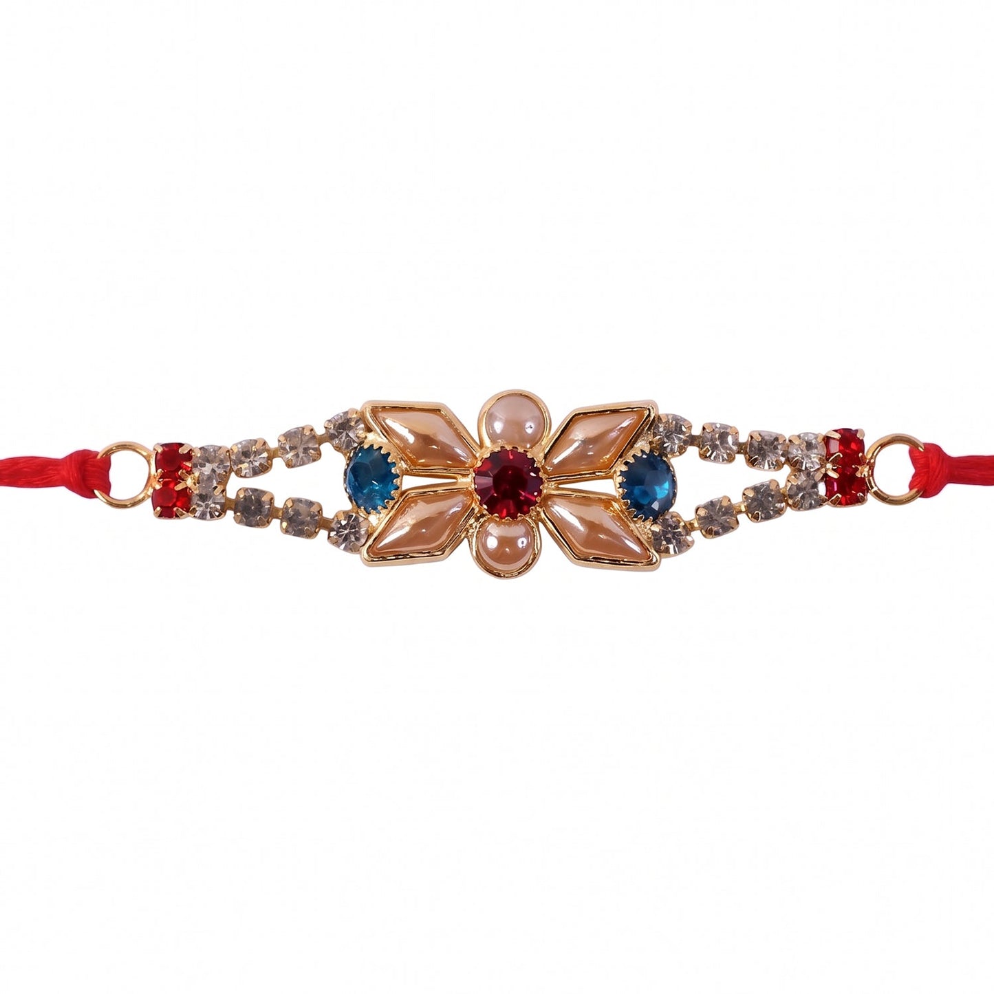 Detailed view of blue stone and pearl centerpiece on Rakhi